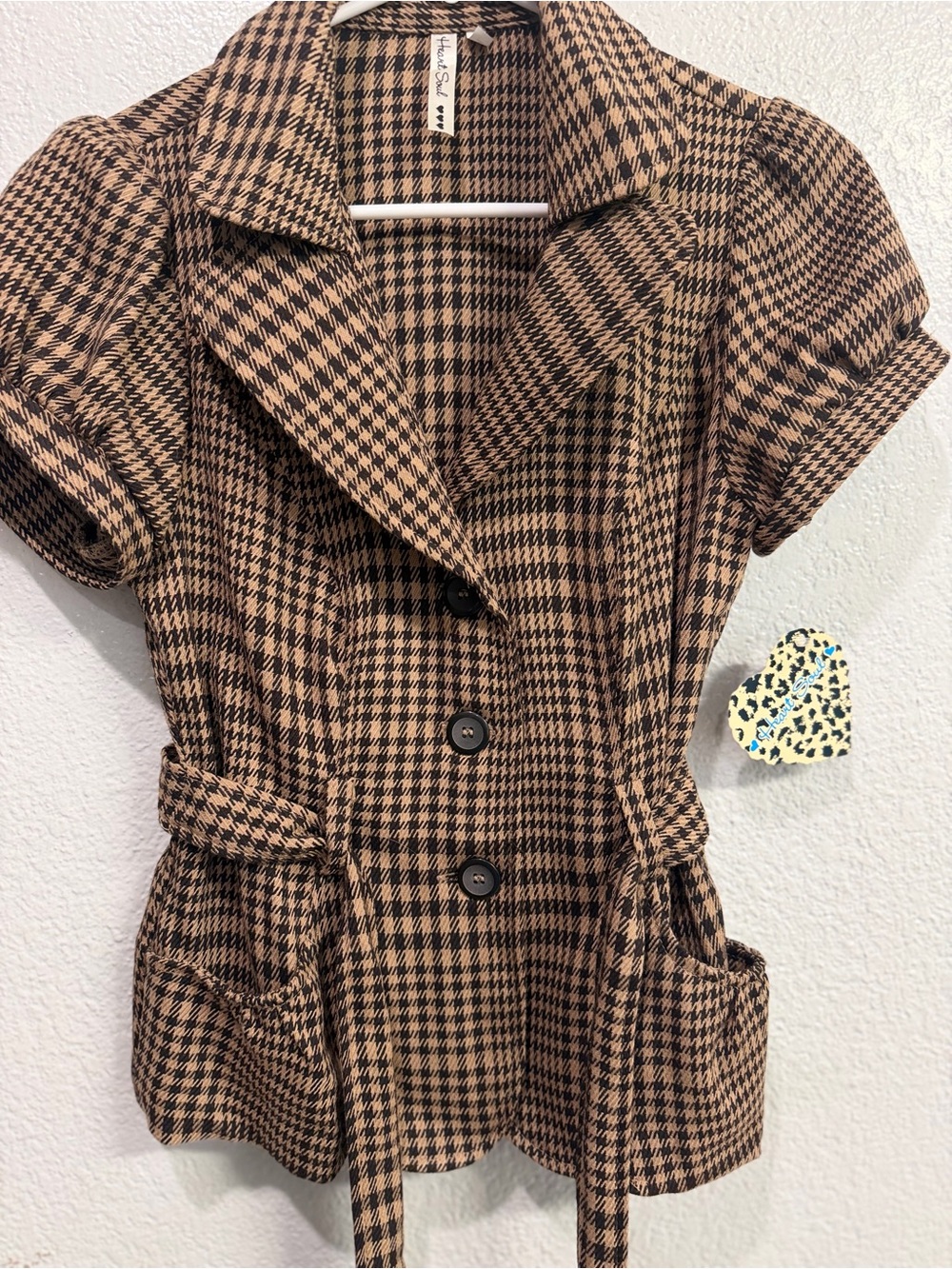Heart Soul Brown Houndstooth Short-Sleeve Belted blazer